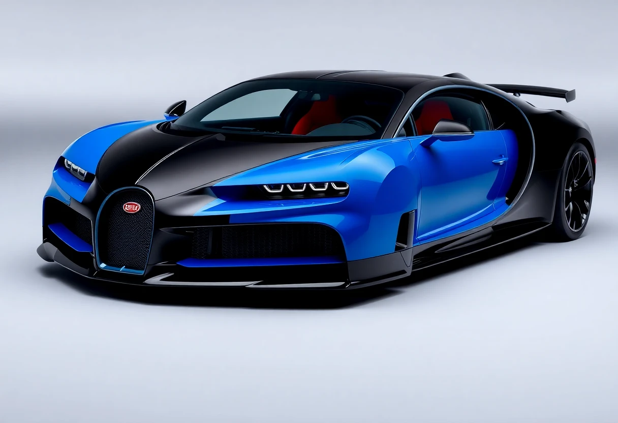 Bugatti Chiron, vue de face, bleu et noir